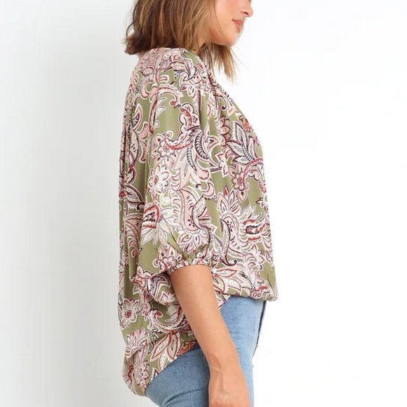 Petal & Pup Rayon Overlay 3/4 Sleeve Olive Paisley Top Kendra, size M / L - Picture 3 of 9